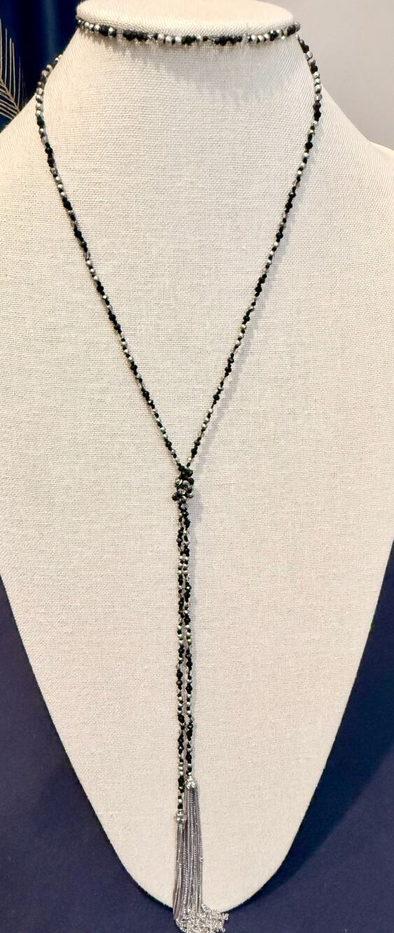 Vintage Black & Silver Beaded Tassel Necklace 24” Long Statement